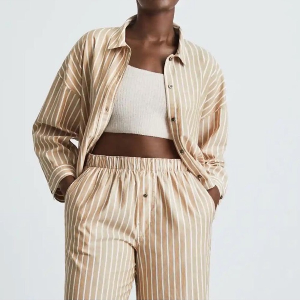 EVERLANE The Woven PJ Top XS Oversized Boxy Brown Stripe Loungewear Preppy NWT - Picture 8 of 9